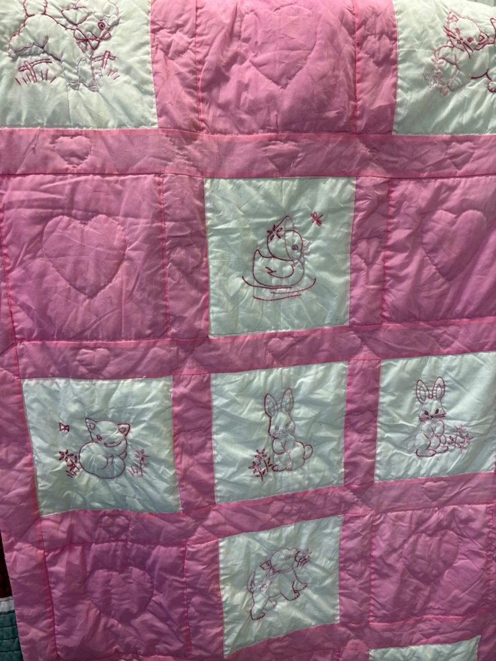 Pink and White Embroidered Baby Quilt - Pink